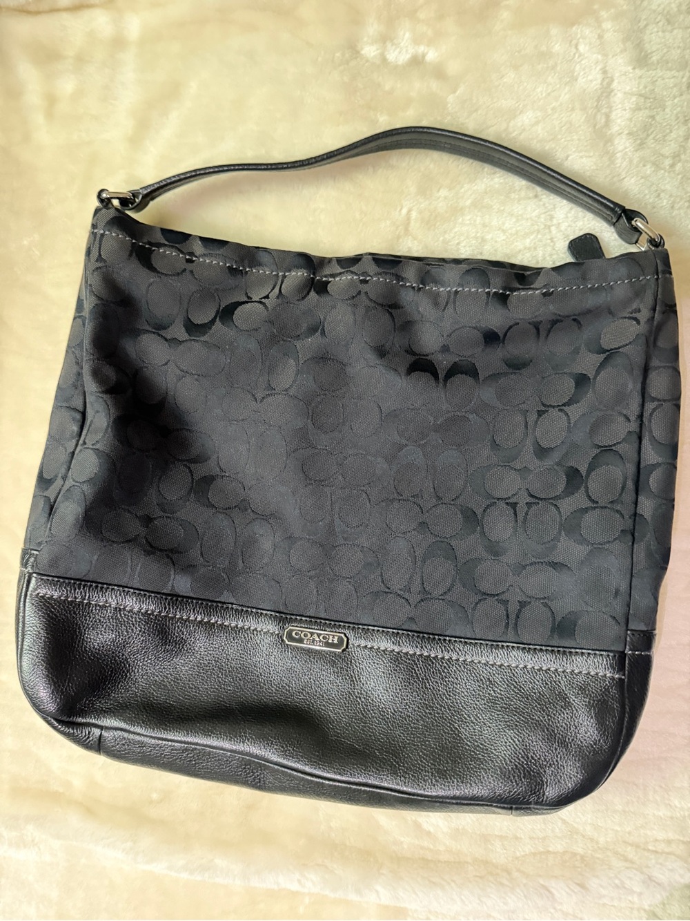 Coach Black Signature Shoulder Bag with Leather Trim